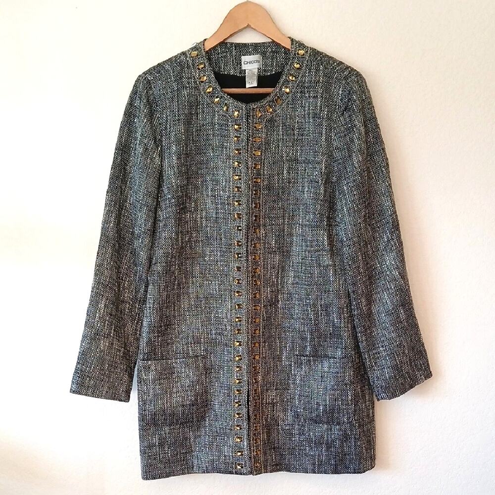 Chico's Gemstone Topper Black White Chic Tweed Jacket Blazer